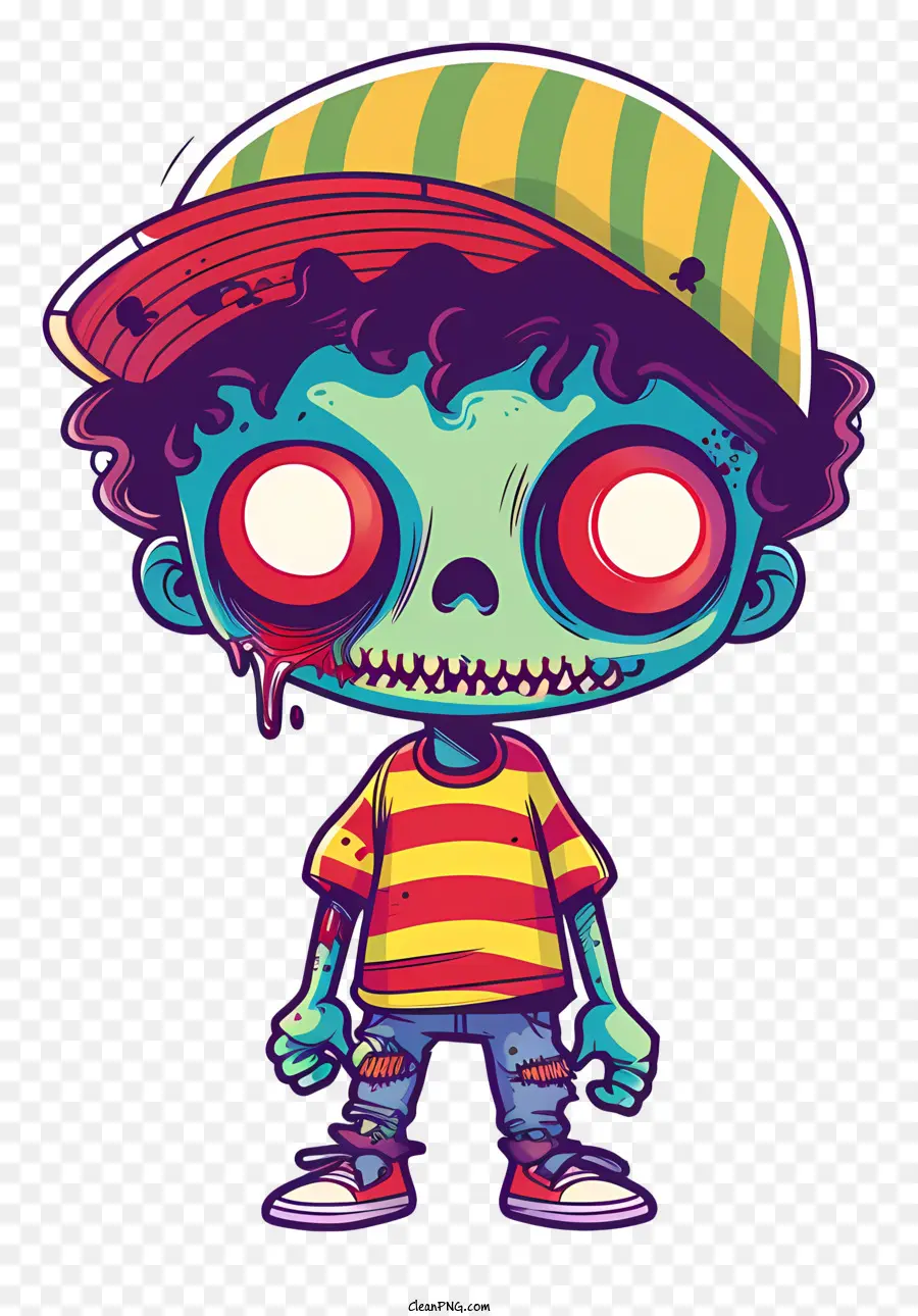 zombie cartoon character red eyes baseball cap smiling