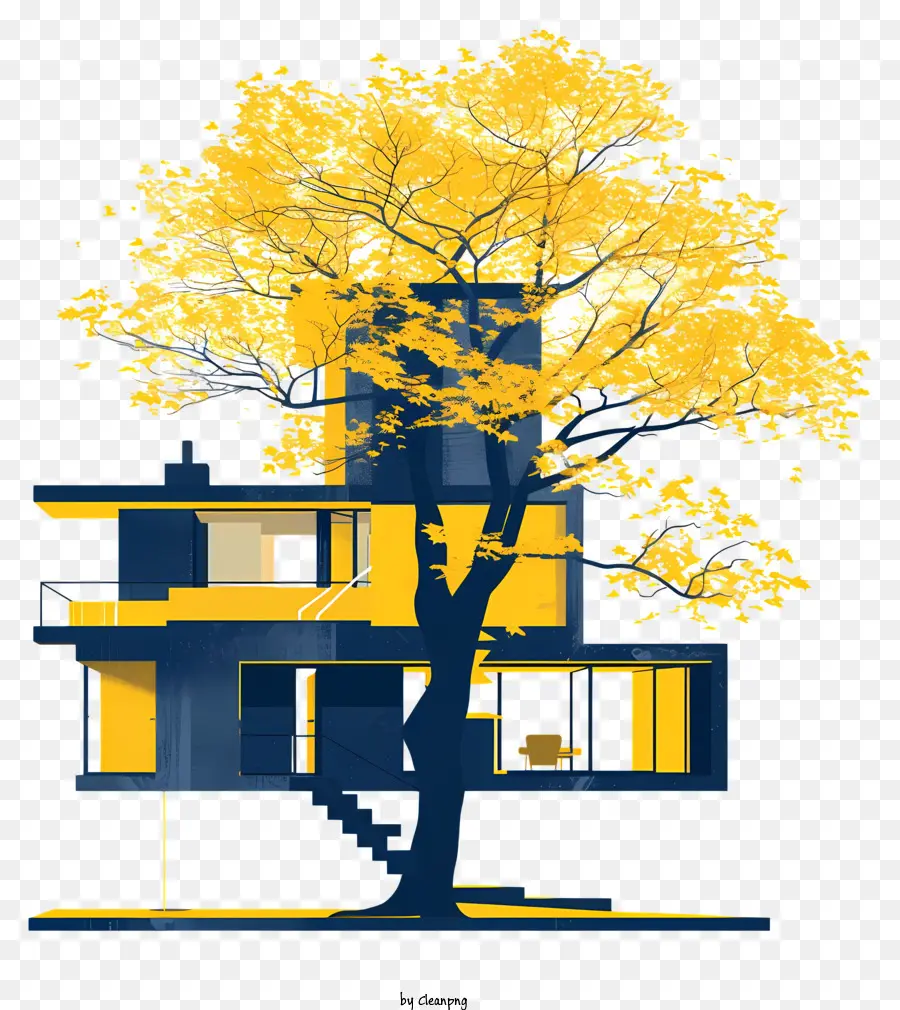 Albero di architettura - Casa con albero giallo, foglie cadute, cielo nuvoloso