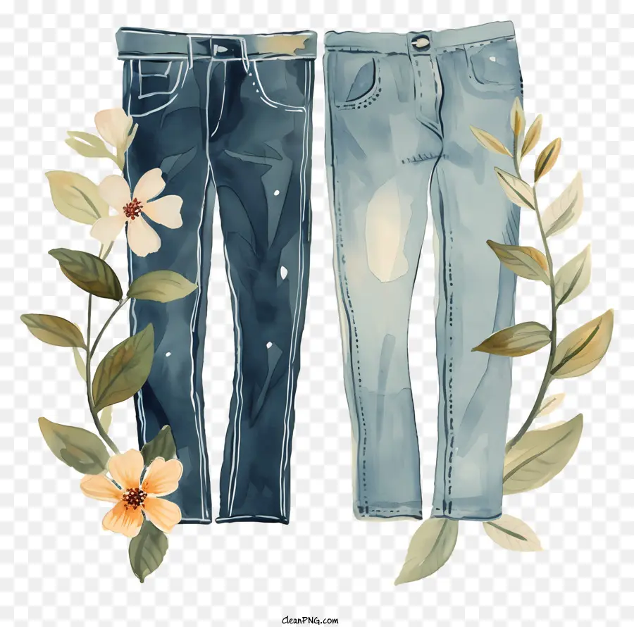 Jeans Modekleidung Denim Stil - Zwei Paar Jeans hängen mit Blumen