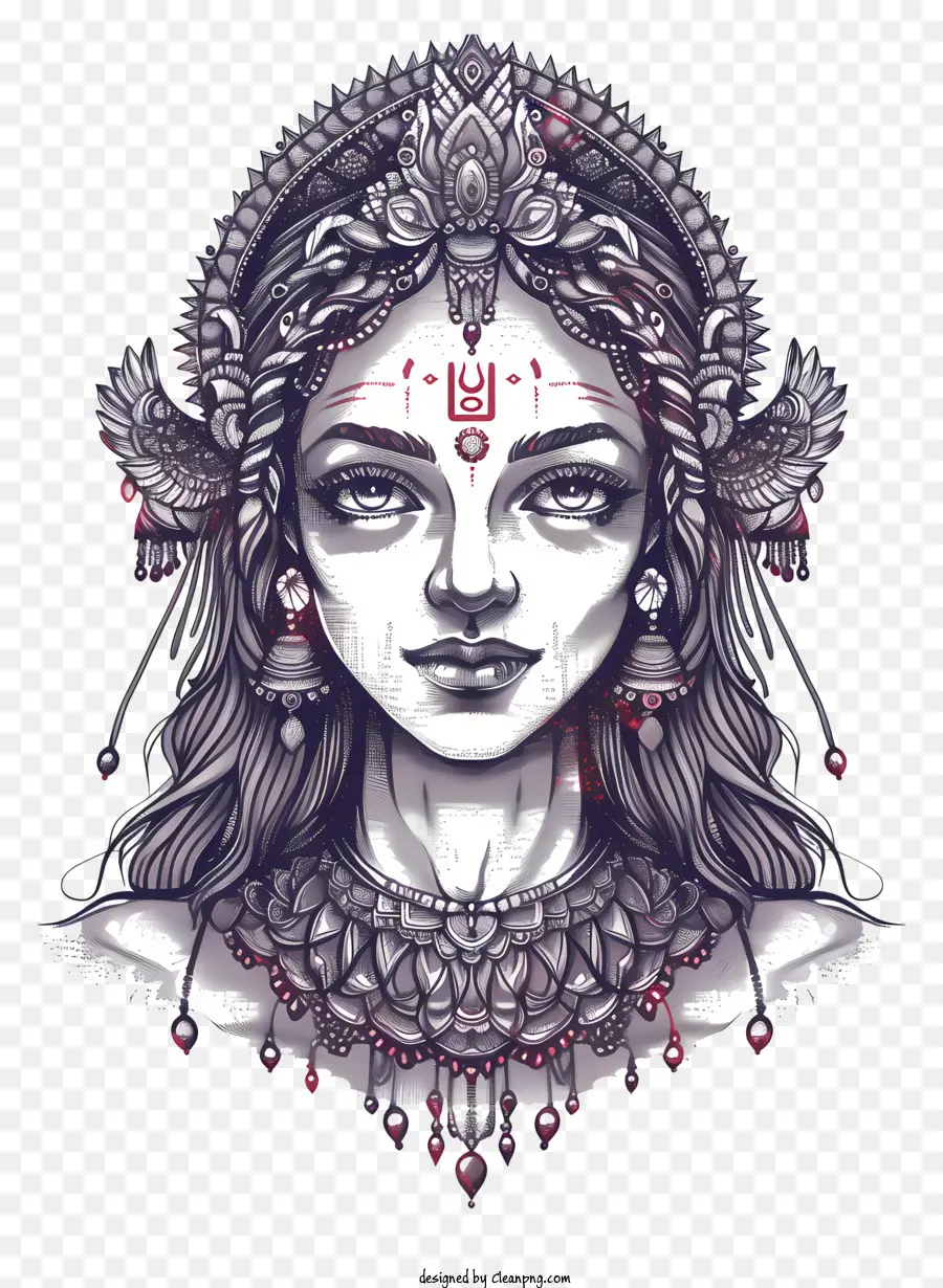 Nữ thần Hindu hình xăm nữ thần hình xăm phức tạp - Nữ thần xăm mình trong trang trí trang trí công phu, hào quang thanh tao