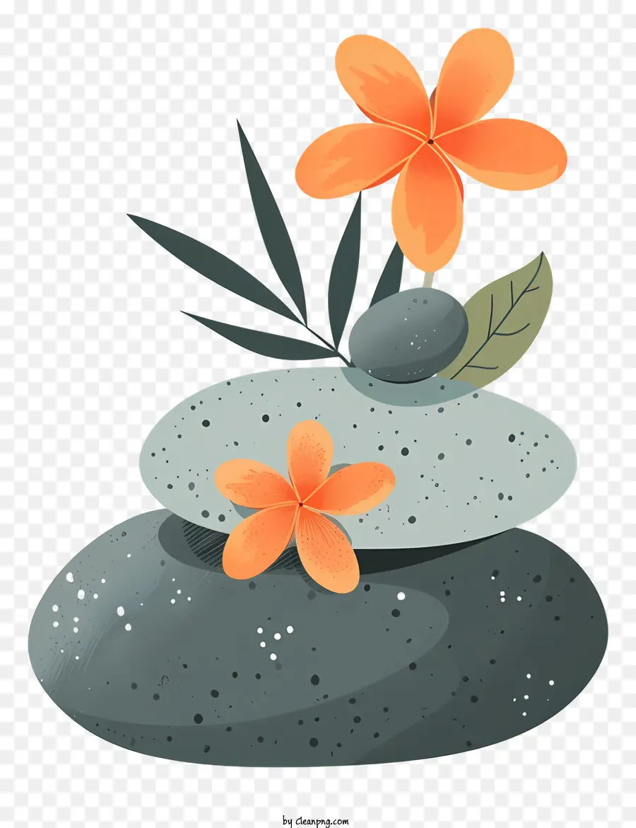spa stones rock pile orange flowers grey rocks black background