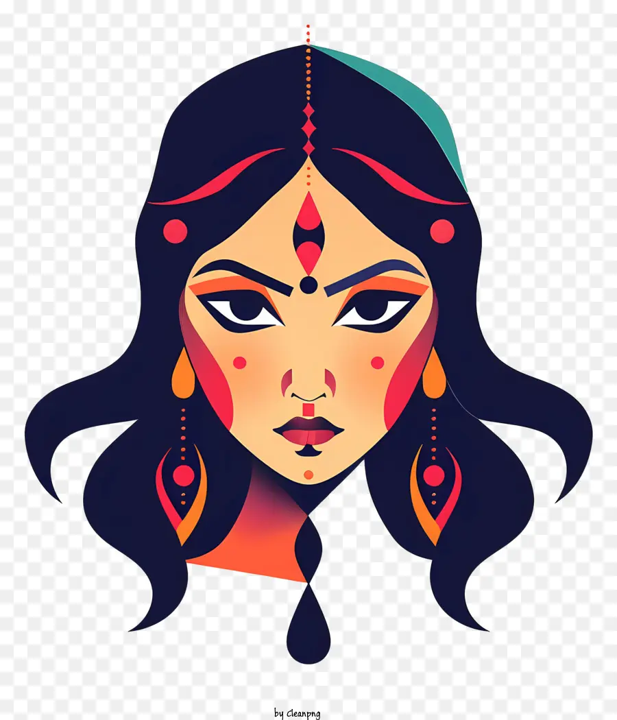 Hindu -Göttin Frau mit langem schwarzem Haar verziertem Schmuck traditioneller indischer Kopfschmuck friedlicher Ausdruck - Frau mit langem schwarzem Haar und indischer Kopfschmuck