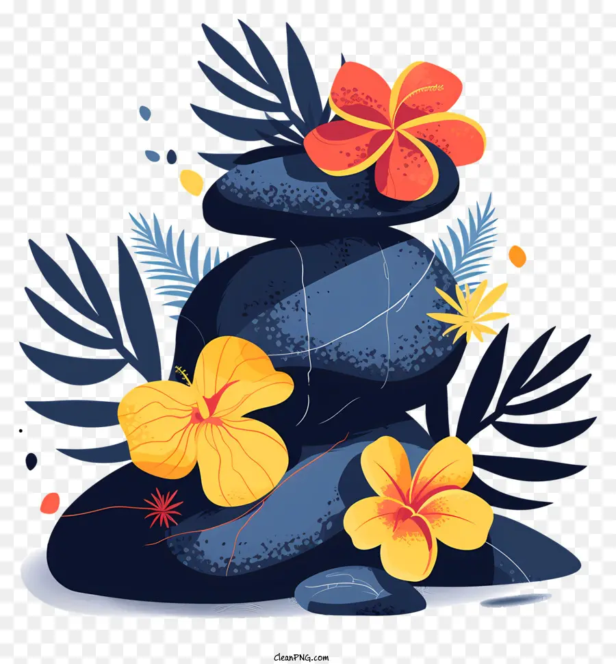 Pietre spa un mucchio di rocce fiori su pietre di pietre colorate diverse tipi di fiori - Immagine dei fiori sulle rocce con foglie