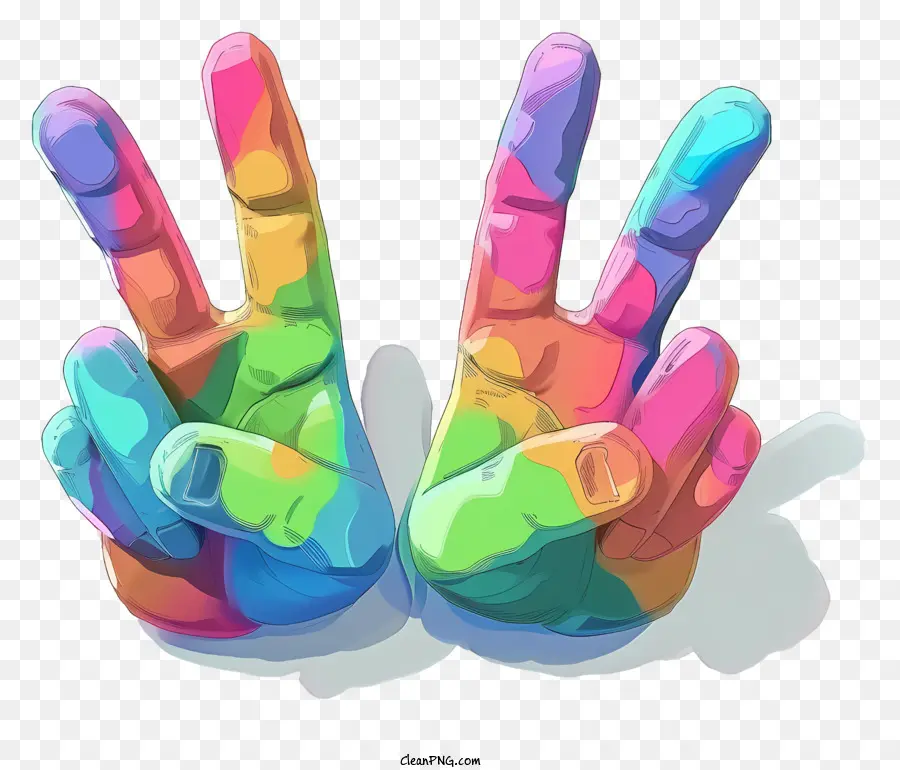 Due dita hanno sollevato le mani dell'arcobaleno Segno di pace dita colorate dipinti a mano - Mani colorate che fanno segno di pace, origine sconosciuta