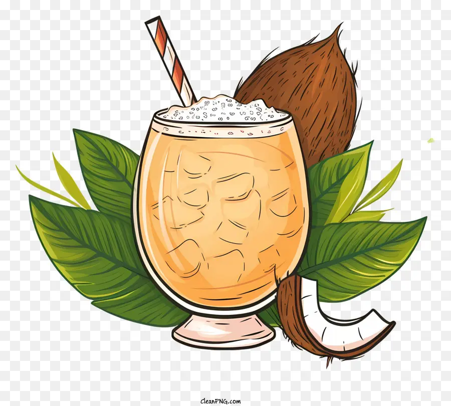 bevande al cocco bevande cubetti di ghiaccio in vetro - Bicchiere con bevanda, ghiaccio, foglie; 
paglia parzialmente usata