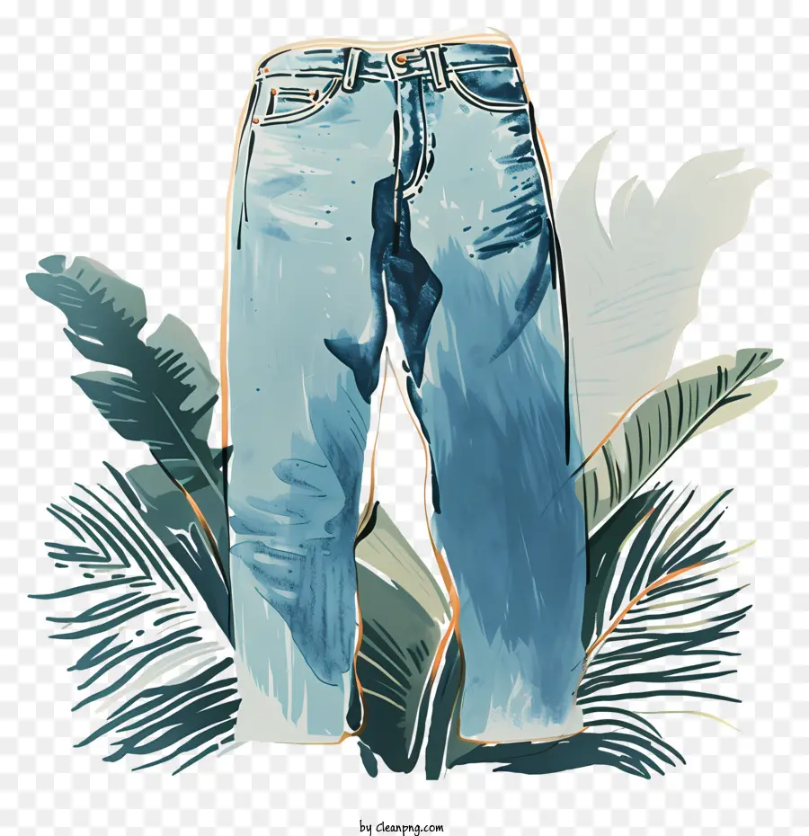 jeans hand-drawn illustration paper jeans green leaves vintage style