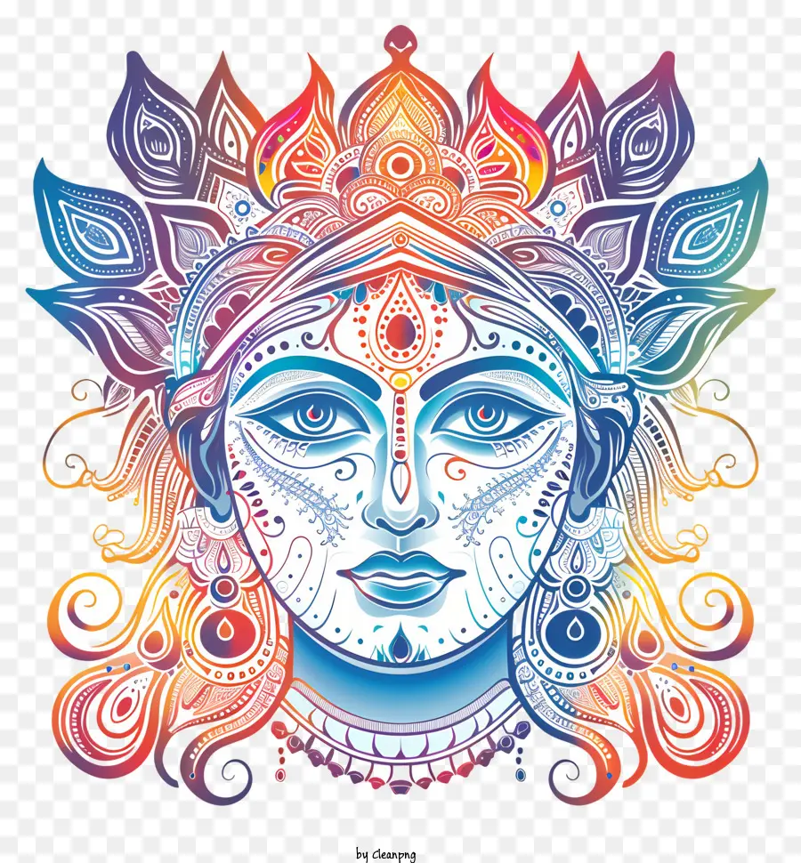 Goddessa indù Faccia femminile Elaborato Fiori del copricapo intricati - Copricapo floreale su serene viso femminile art