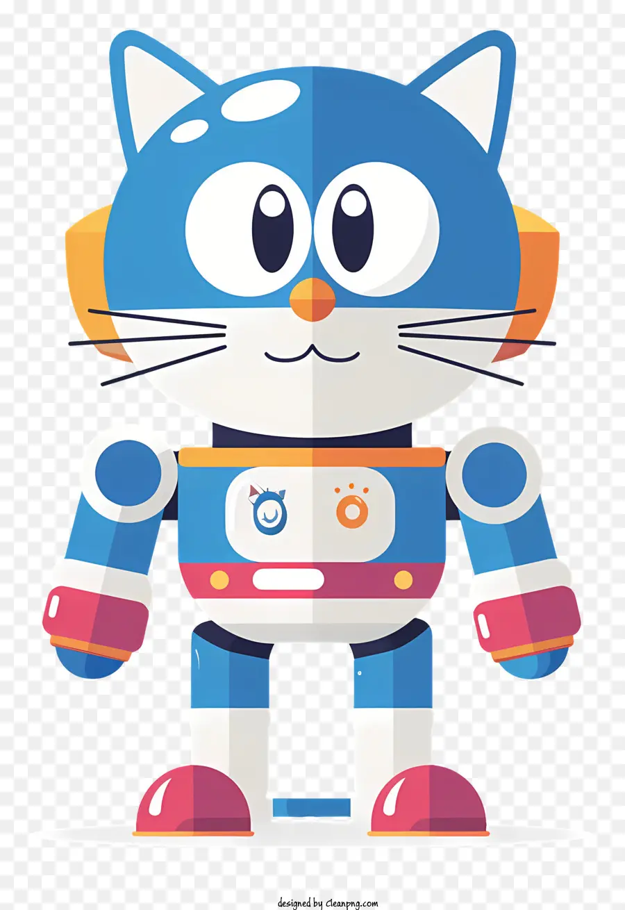 cat robot blue robot orange eyes white and blue jumpsuit folded arms