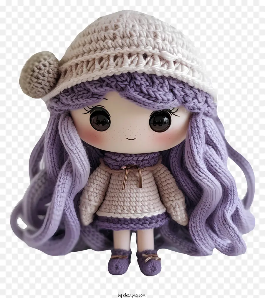 Amigurumi Puppengestrickte Hut lila Hosen langes lockiges Haar - Kleine Puppe trägt Hut, Hosen, lockiges Haar