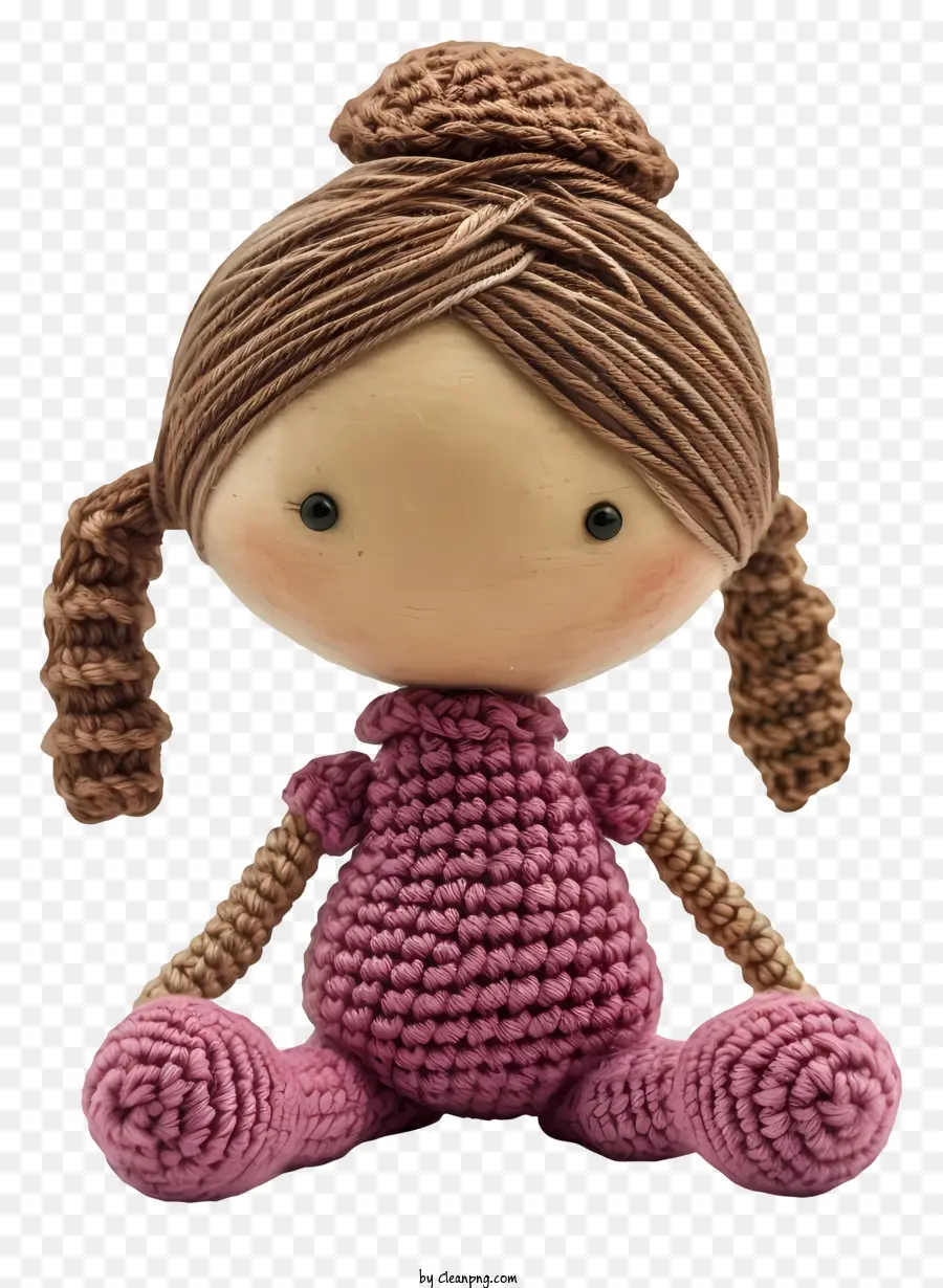 bambola bambola all'uncinetto abito rosa seduto bambola capelli lunghi - Bambola piccola in abito rosa seduto con calma