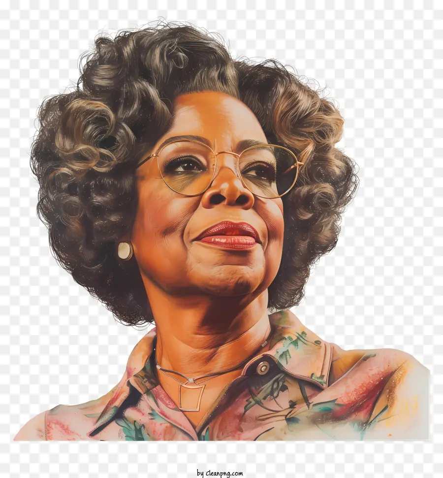 Oprah Winfrey Woman con occhiali sorridenti Shirt Floral Curly Hair - Donna sicura con sorriso, occhiali e vestiti floreali