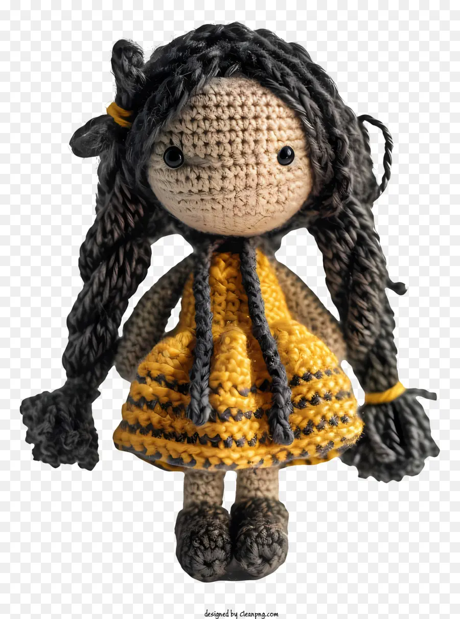 bambola bambola all'uncinetto bambola lunghe capelli neri vestito giallo espressione seria - Bambola all'uncinetto serio con lunghi capelli neri