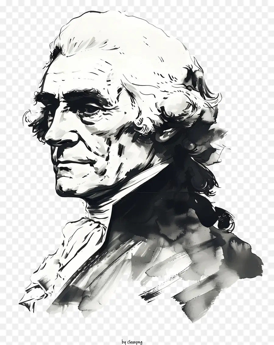 Thomas Jefferson Porträt der historischen Figur Schwarz -Weiß schwerer Ausdruck Aquarelleffekt - Ernsthafter Mann mit weißem Haar, schwarzer Bart, historische Figur