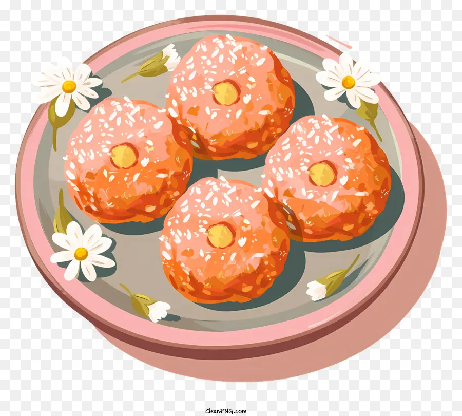 Laddu Donuts Pink Platte weiße Gänseblümchen grauer Hintergrund - Vier Donuts, die mit weißen Gänseblümchen auf rosa Teller verziert sind