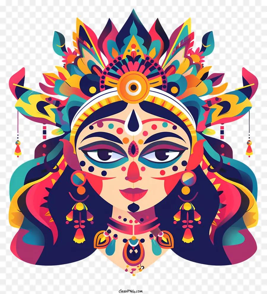 hindu goddess woman's face colorful patterns jewelry crown of flowers