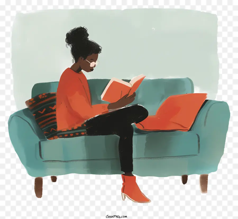 Donna che legge illustrazione ad acquerello donna seduta divano verde maglione arancione - Illustrazione ad acquerello di una donna accogliente sul divano verde