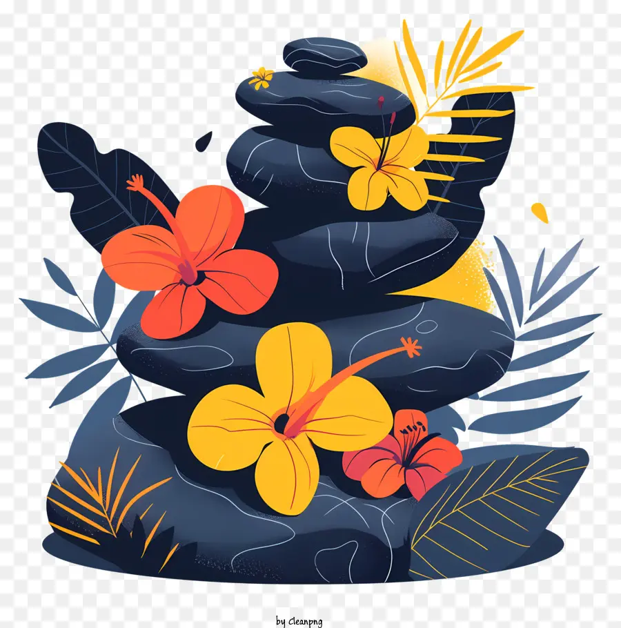 cây cọ - Đống đá xếp chồng lên cây nhiệt đới và hoa