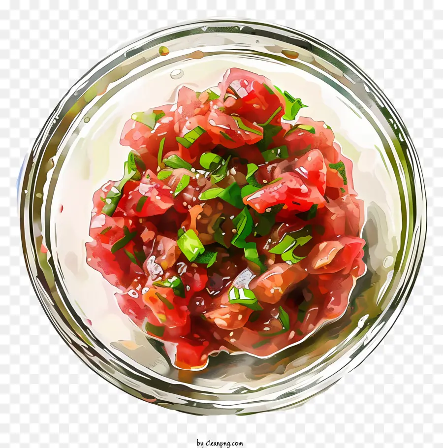 steak tartare glass dish red sauce green sprinkles slices of tomato