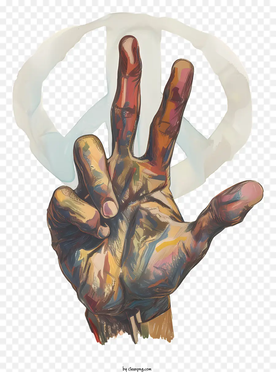 Hand Friedenszeichen Finger lebendiger Hand Design Buntes Handmalerei Hand mit einem Friedenssymbol - Buntes Friedenszeichen Hand gegen schwarzen Hintergrund
