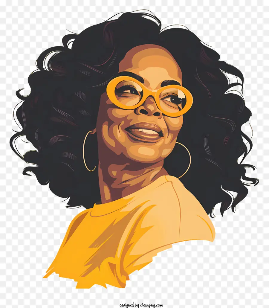 Oprah Winfrey Frau Gelbe Sonnenbrille lockiges Haar lächelt - Lächelnde Frau mit lockigen Haaren in Sonnenbrillen