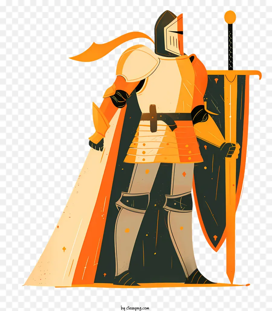 Knight Armor Shield Kiếm áo choàng màu cam - Hiệp sĩ với áo choàng màu cam và khiên trước nền đen, truyền đạt lịch sử và sức mạnh