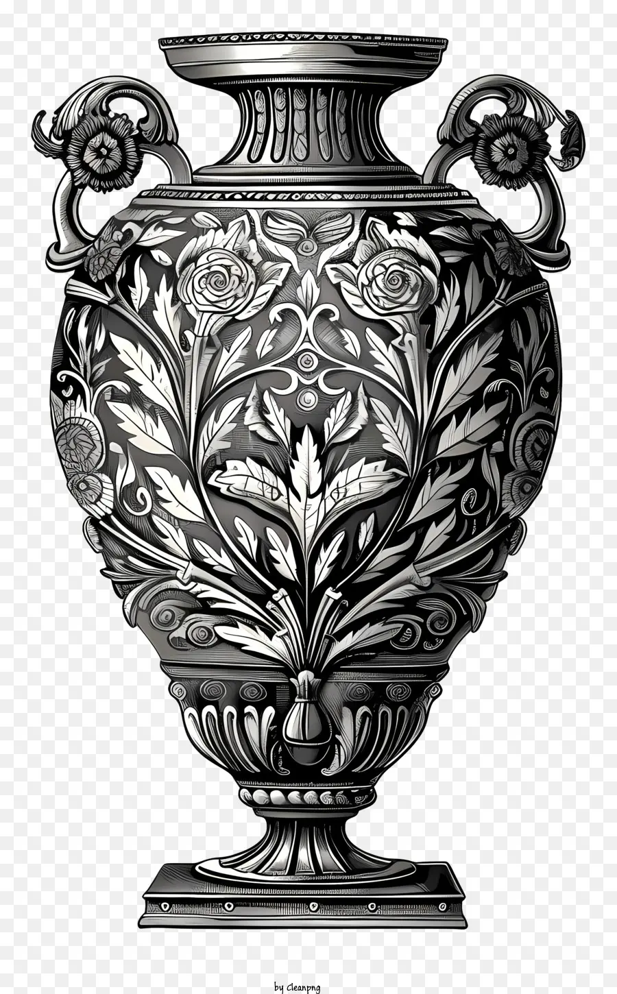 vaso romano vaso argento ornato di design floreale Dettagli intricati - Illustrazione in bianco e nero del vaso argento decorato