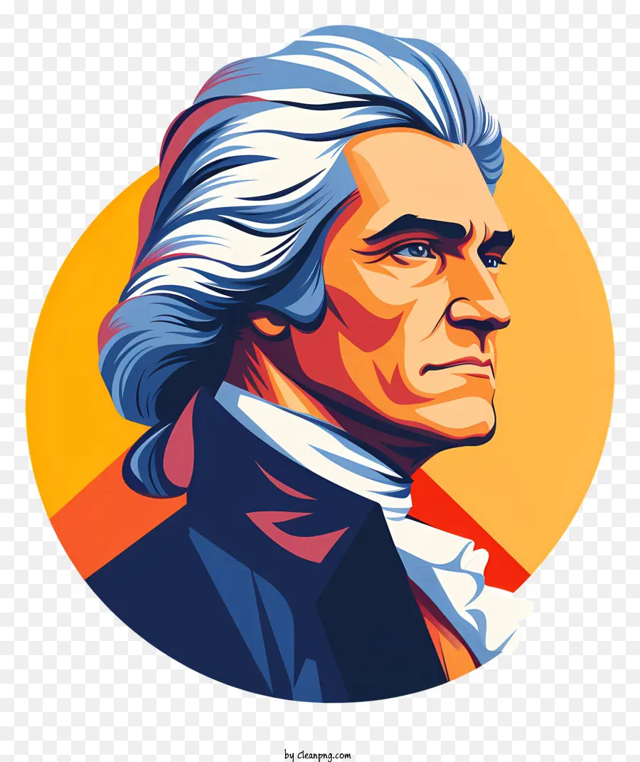 Thomas Jefferson George Washington Silhouette Schwarz -Weiß -Zeichnen welliger weißer Haare - Silhouette von George Washington im blauen Anzug
