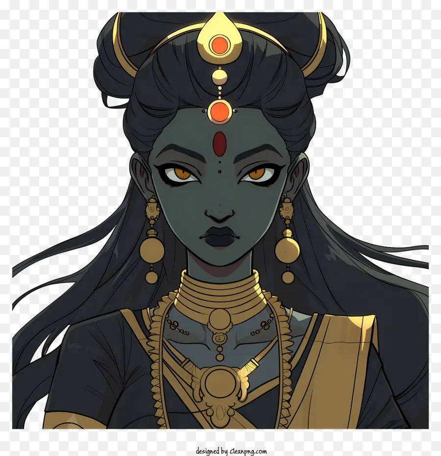 hindu goddess gold jewelry black hair stern expression dark eyes