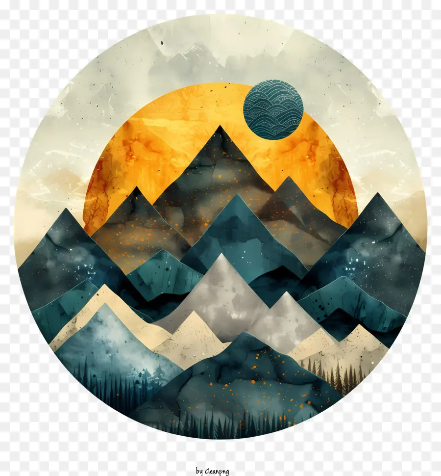 bức tranh màu nước núi màu núi màu trời ấm áp màu cam - Bức tranh màu nước của những ngọn núi lởm chởm với tuyết