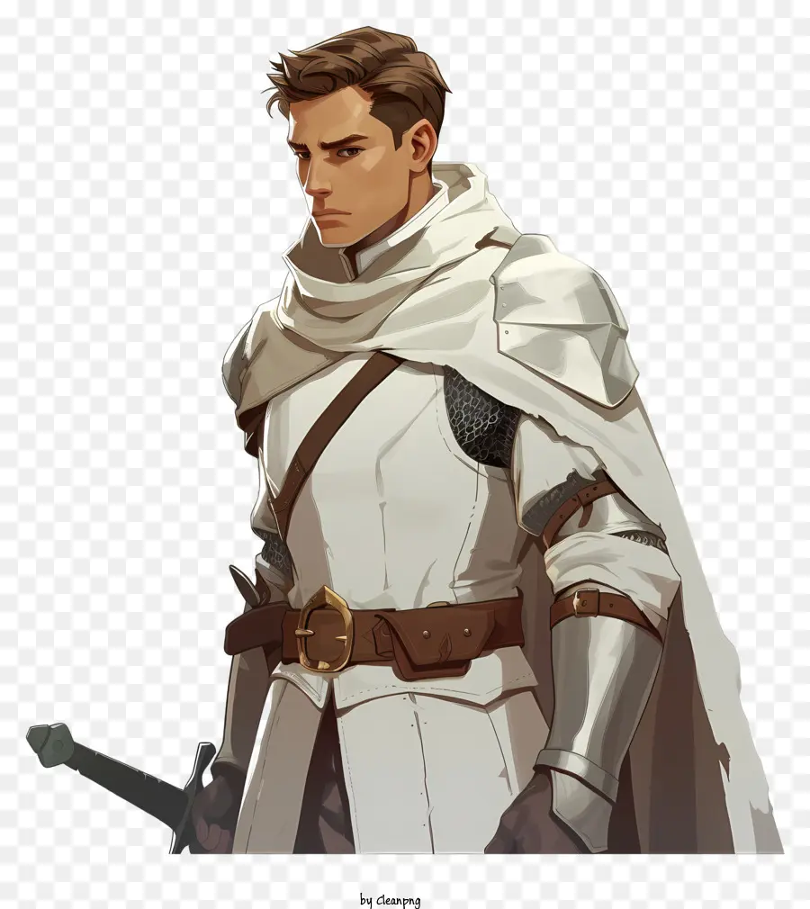 Knight Medieval Warrior Sword Fighting Knight in White Fantasy personaggio - Uomo medievale in bianco con spada e mantello