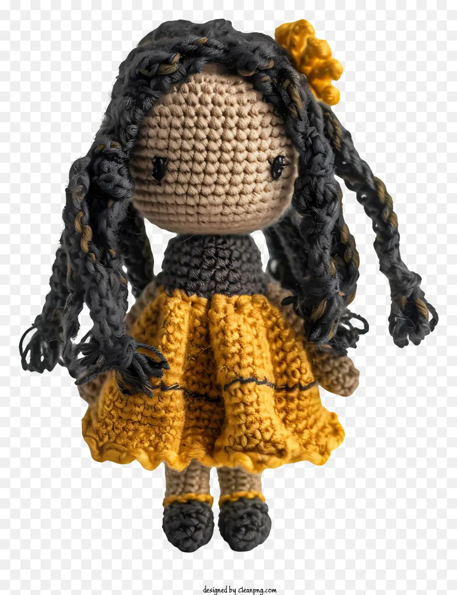 Amigurumi -Puppe langes dunkles Haar gelbes Kleid stehend - Lächelnde Puppe in gelbes Kleid, Arme verschränkt