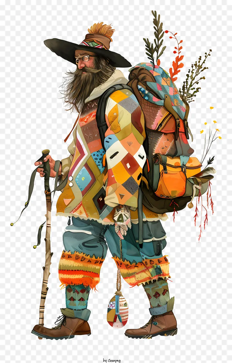 hiker man with backpack trekking poles long beard colorful clothing