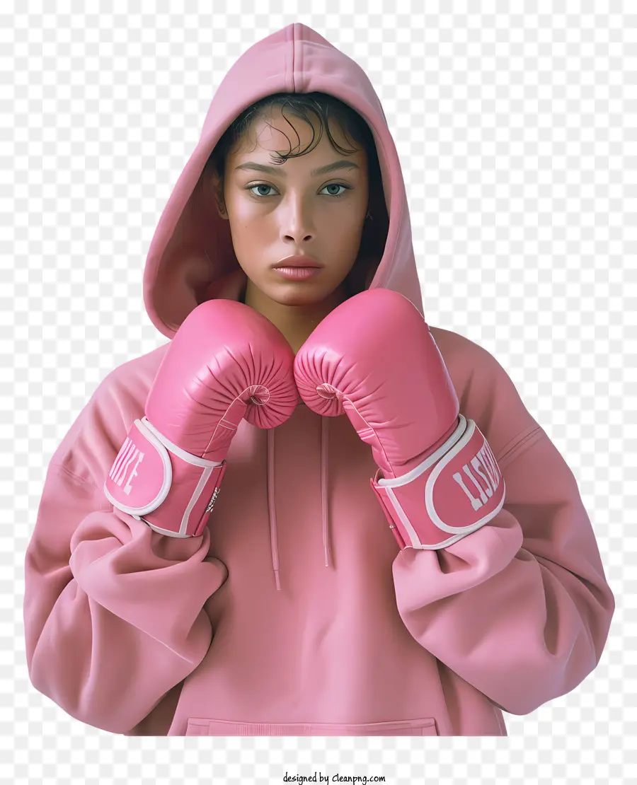 guantoni da boxe - Donna in felpa con cappuccio rosa con guanti da boxe