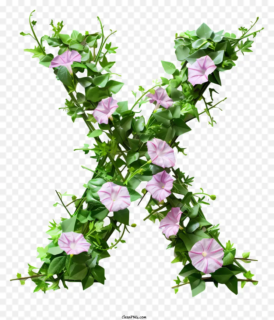 florales Design - Symmetrisches X von grünen Blättern und rosa Blumen auf schwarzem Hintergrund