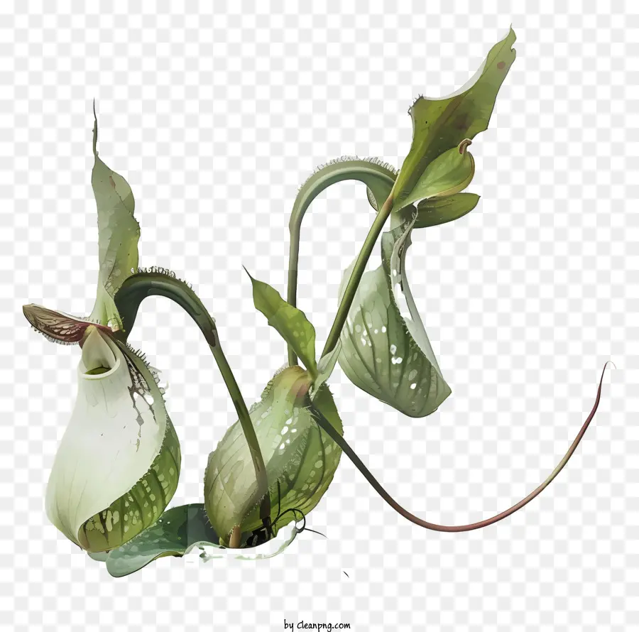 Nepenthes weiße Trompete Blume Trompete Orchidee grüne Blätter große weiße Blume - Foto der weißen Trompetenorchidee mit gekräuselten Stiel