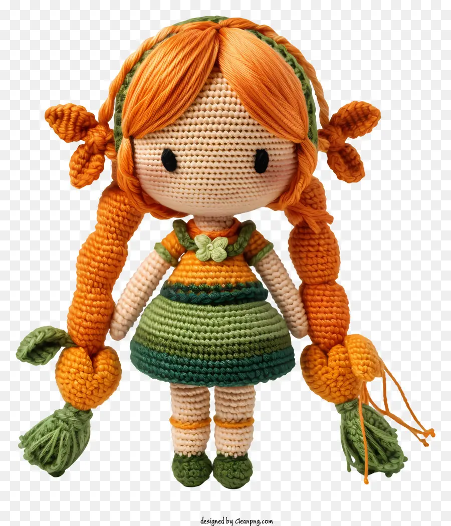 Cô gái búp bê Amigurumi với mái tóc màu cam và chiếc váy màu xanh lá cây màu trắng bốt quả lê nhỏ - Cô gái có mái tóc màu cam trong bộ trang phục đầy màu sắc