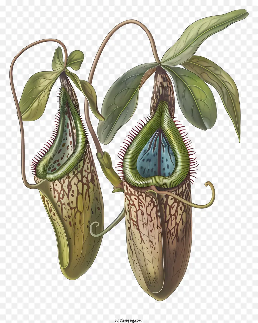 Nepenthes fleischfressende Pflanzen Gruben Vipers Öffnen Blüten kleine grüne Blätter - Illustration von zwei fleischfressenden Pflanzen mit roten Flecken