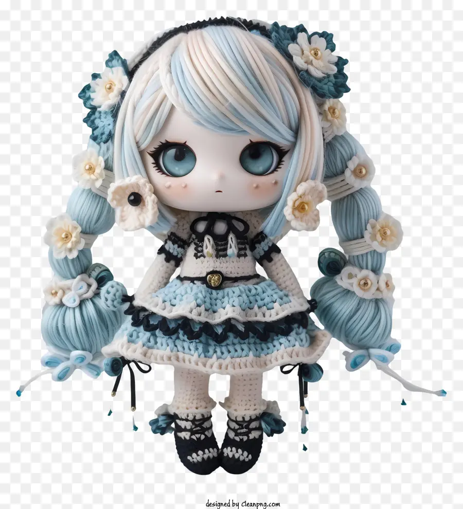 Amigurumi Doll Blue Eyes Lang weißes Haar Schwarz -weißes Kleid - Porzellanpuppe mit blauen Augen und weißem Haar