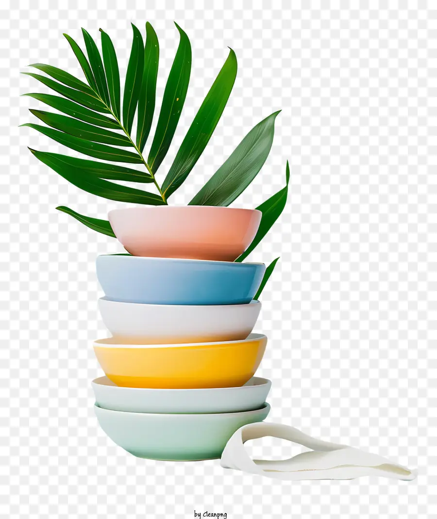 Stapelte Gerichte farbenfrohe Schalen gestapelte Schalen Topfpalmenblatt verschiedene Muster - Bunte Schalen mit Palmblattdekoration gestapelt