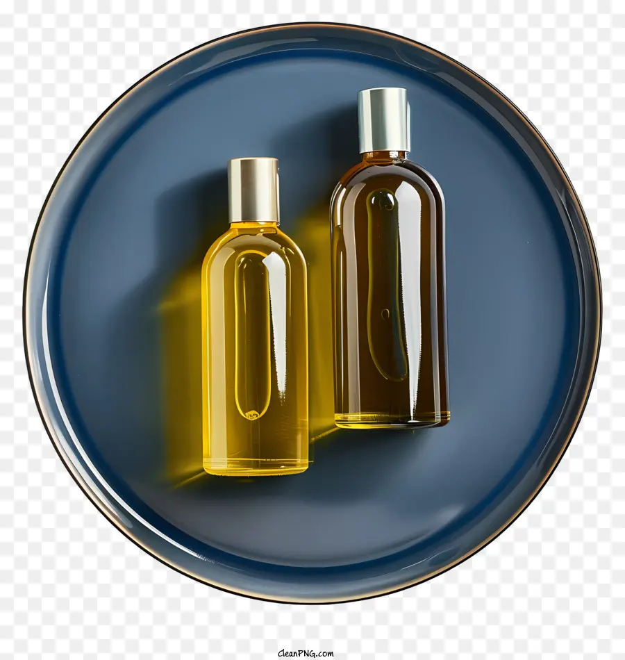 Bottiglie di olio Bottiglie di vetro Soluzione di acqua olio Oggetti galleggianti - Bottiglie trasparenti sul vassoio blu; 
armonia equilibrata
