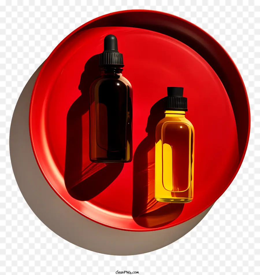 Ölflaschen rote Platte schwarzer Flasche Parfümglasflasche - Rote Platte mit Parfüm- und Ölflaschen