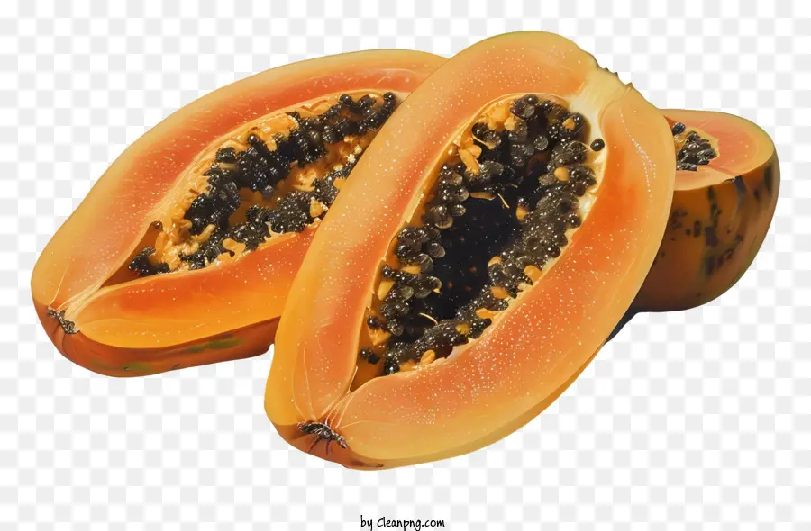 papaya chín papaya papaya hạt đủ trái cây trái cây màu đen - Đu đủ chín nửa với hạt, nền đen