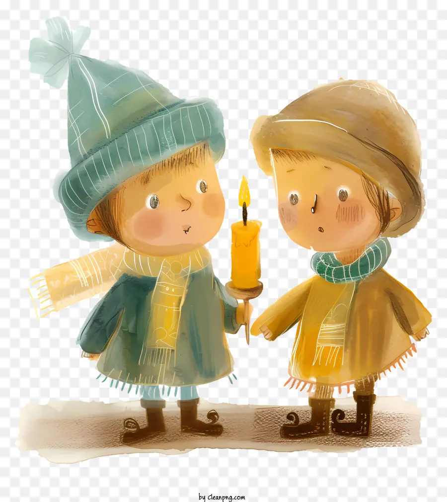 Trẻ em ánh nến trẻ nến tươi cười quần áo ấm áp - Hai đứa trẻ vui vẻ đứng cạnh một ngọn nến