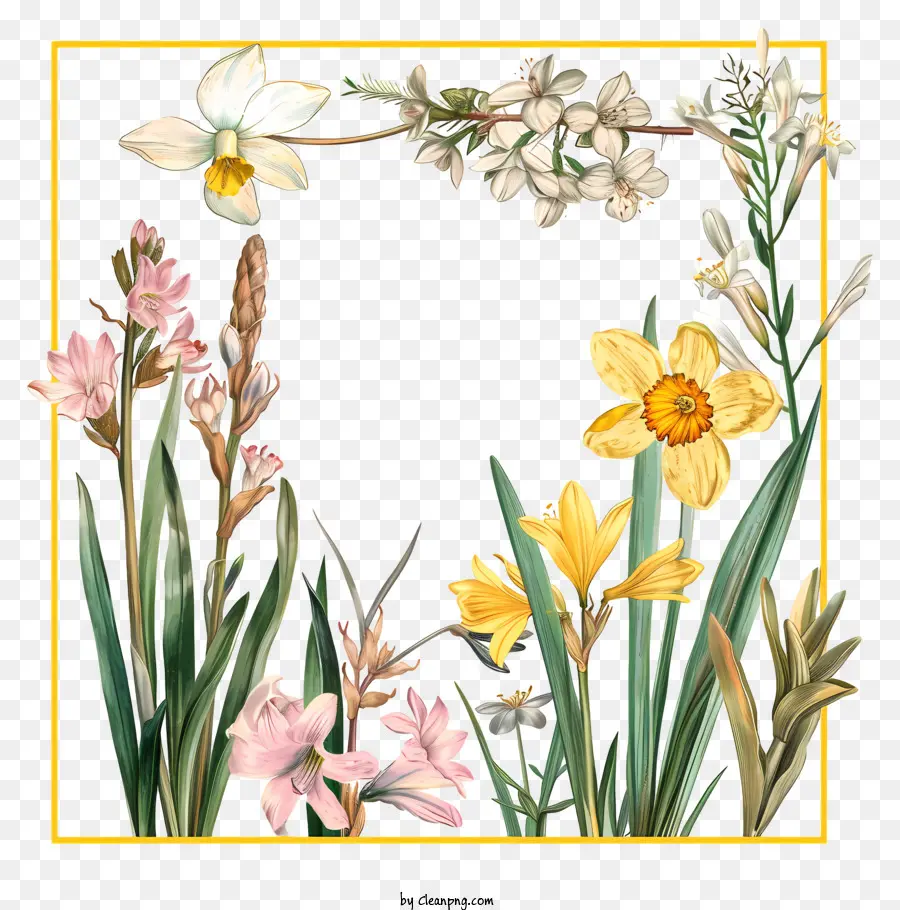 Frühlingsblumen Rahmen - Farbenfroher Blumenrahmen auf schwarzem Hintergrund; 
Symmetrische Anordnung