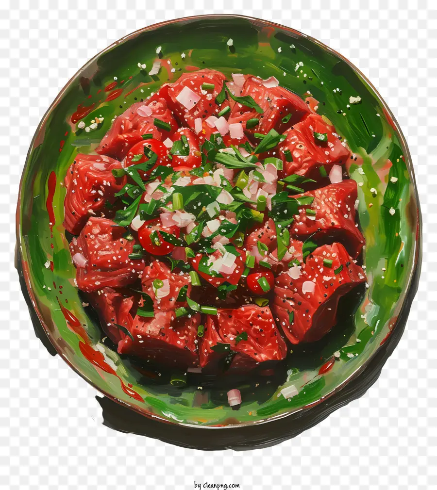 Steak -Tartar -Rindfleisch -Knoblauch -Ingwerschale - Schüssel mit Rindfleisch mit Knoblauch und Ingwer