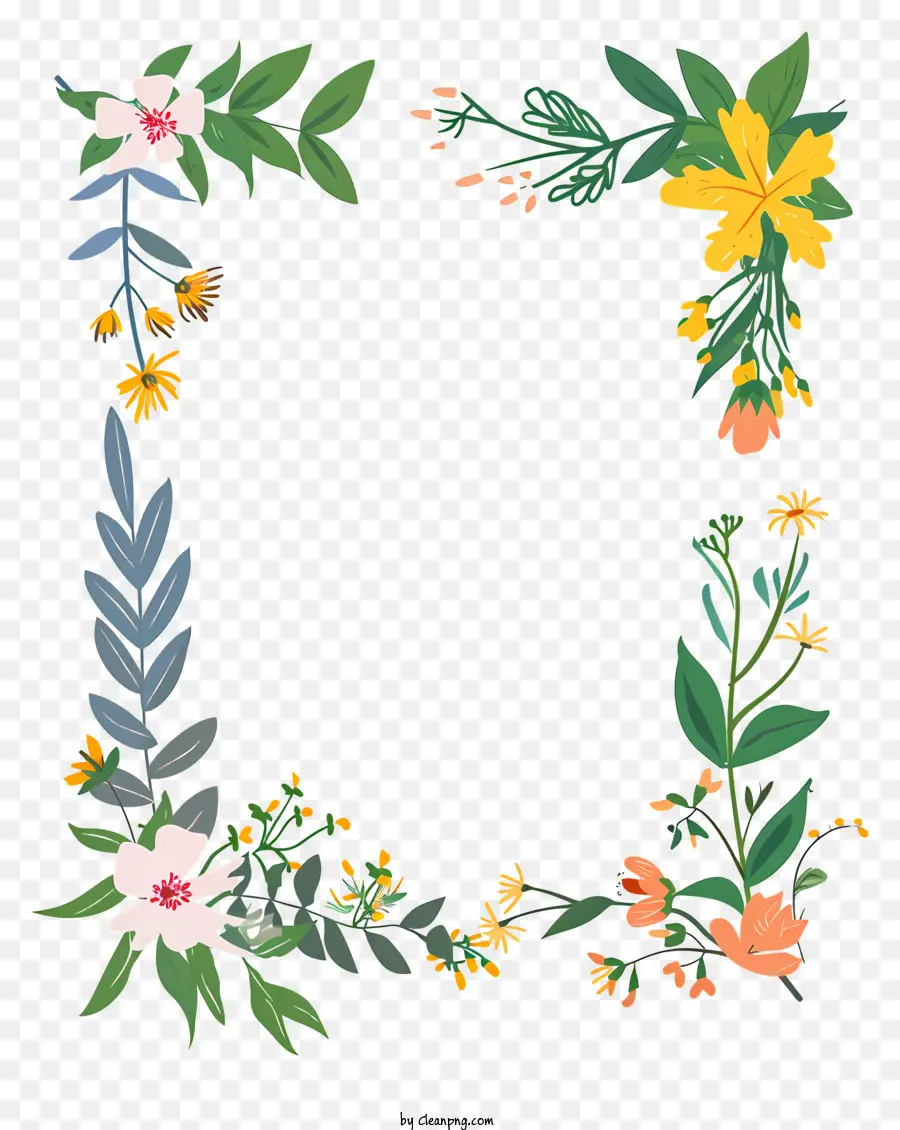 Frühlingsblumen Rahmen - Blumenrahmen mit verschiedenen Typen auf schwarzem Hintergrund