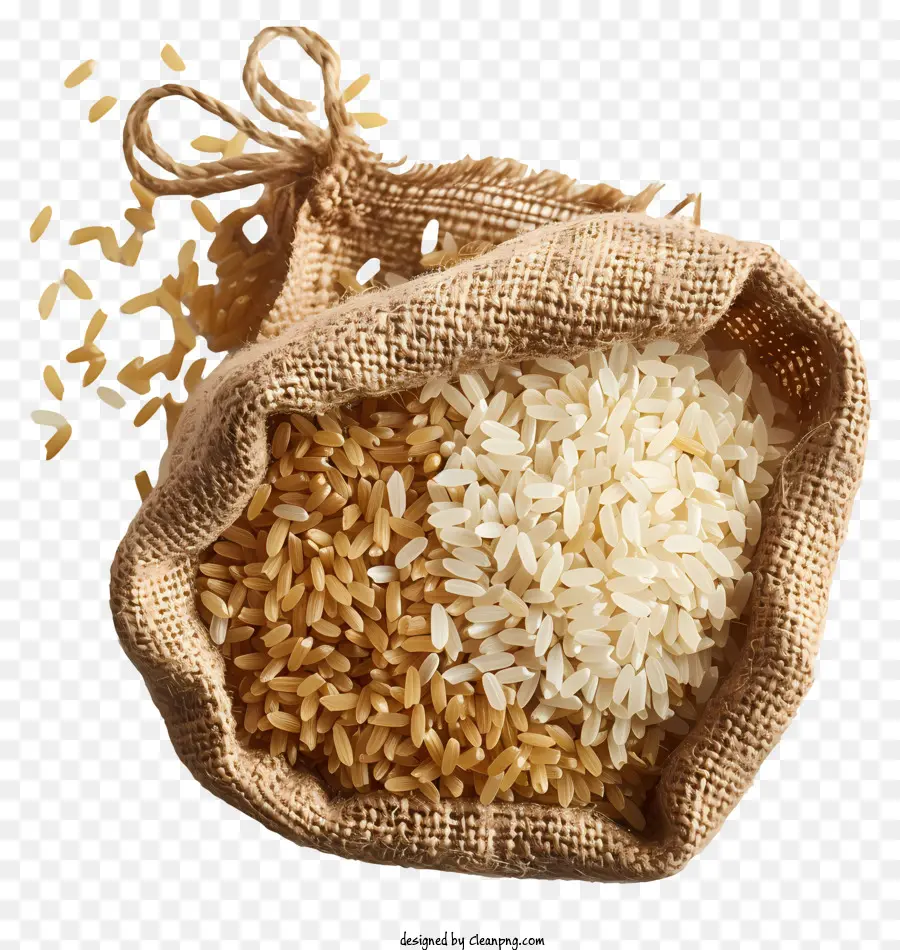 Reissack aus Reiswolle Sack langer Getreidebrauner Reis gebrochener Reis - Wollreissack mit goldenen Rissenkörnern