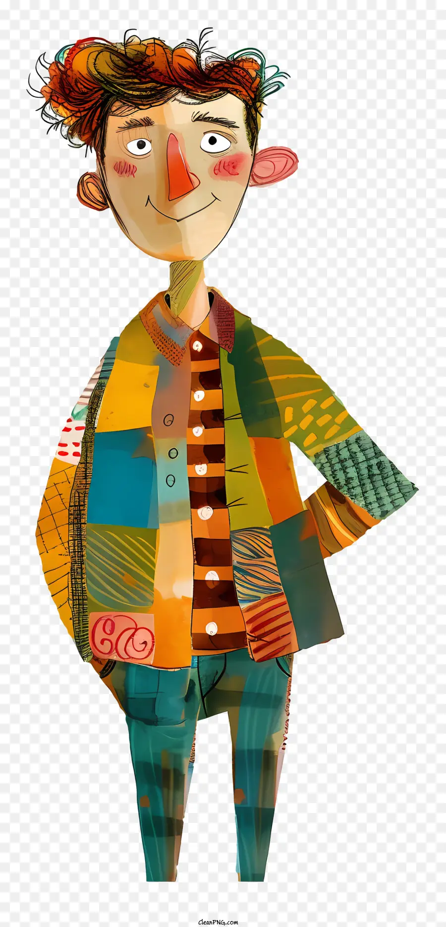 Wurgender Cartoon Mann farbenfrohe Kleidung Dynamisches Design glücklicher Ausdruck Arme verschränkt - Glücklicher Mann in farbenfrohen, dynamischen Kleiderposen zuversichtlich