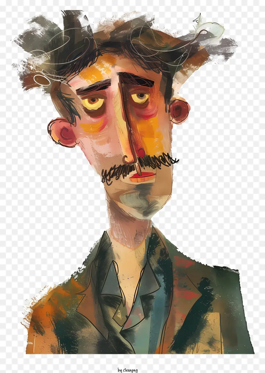 whimsical cartoon man man with mustache suit and tie impressionistic painting bold brushstrokes