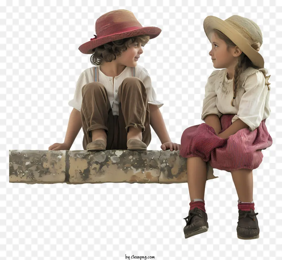 boy and girl children straw hat stone wall smiling